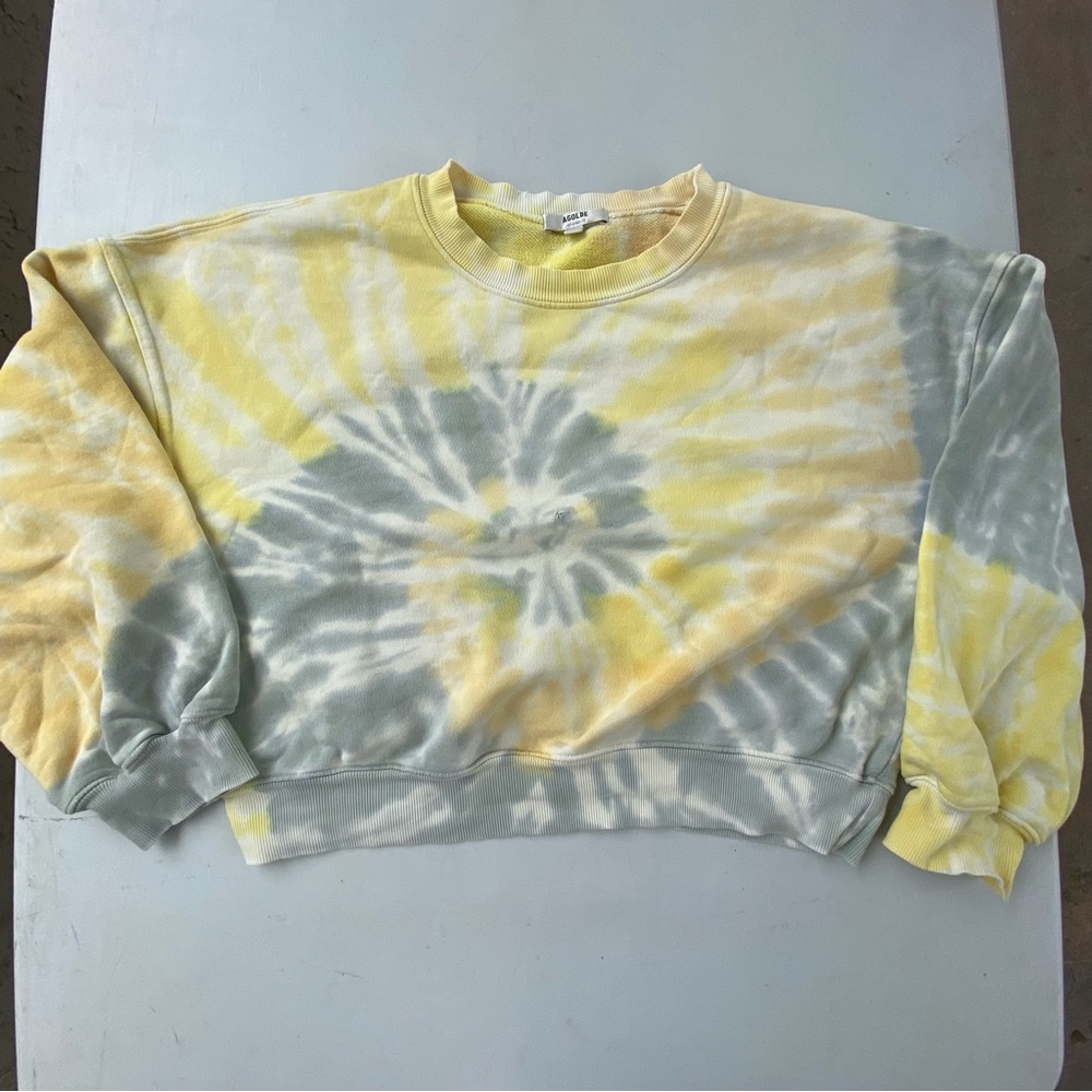 Agolde Yellow Tie Dye Balloon Sleeve Cropped Sweatshirt S blue yellow orange